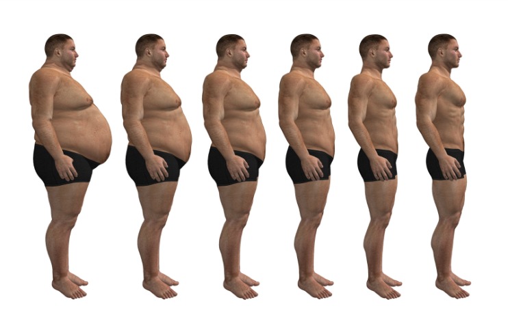 6 cartoon images of a man gradually losing weight